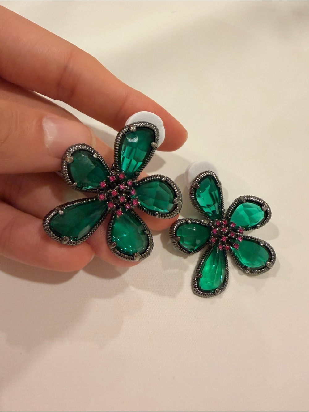 Emerald Green Floral Crystal Clip-On Earrings with Pink Centers